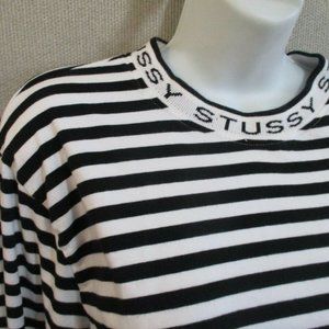 Stussy Logo Crew Neck Top Size Medium 100% Cotton ~ India ~ B&W Stripe